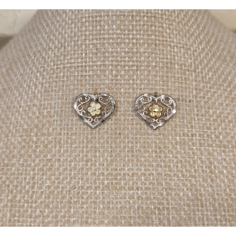 Vintage Sterling Silver Filigree Heart Stud Earrings With 10k Gold Flowers